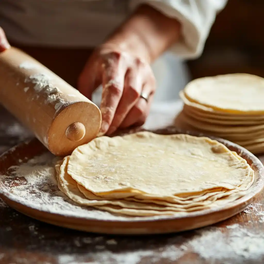 A person rolling out a taco shell with a rolling pin on a floured surface