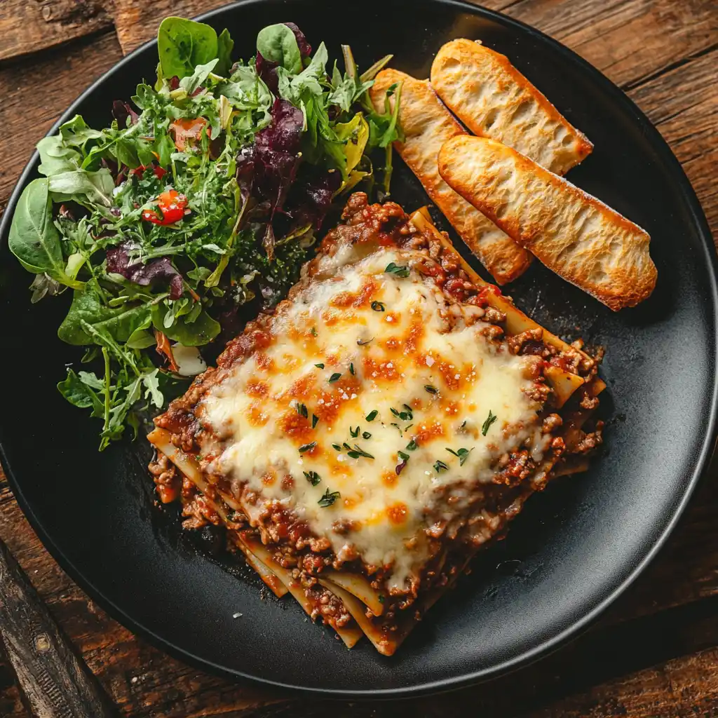 A serving of lasagna on a plate with a side of salad and breadsticks