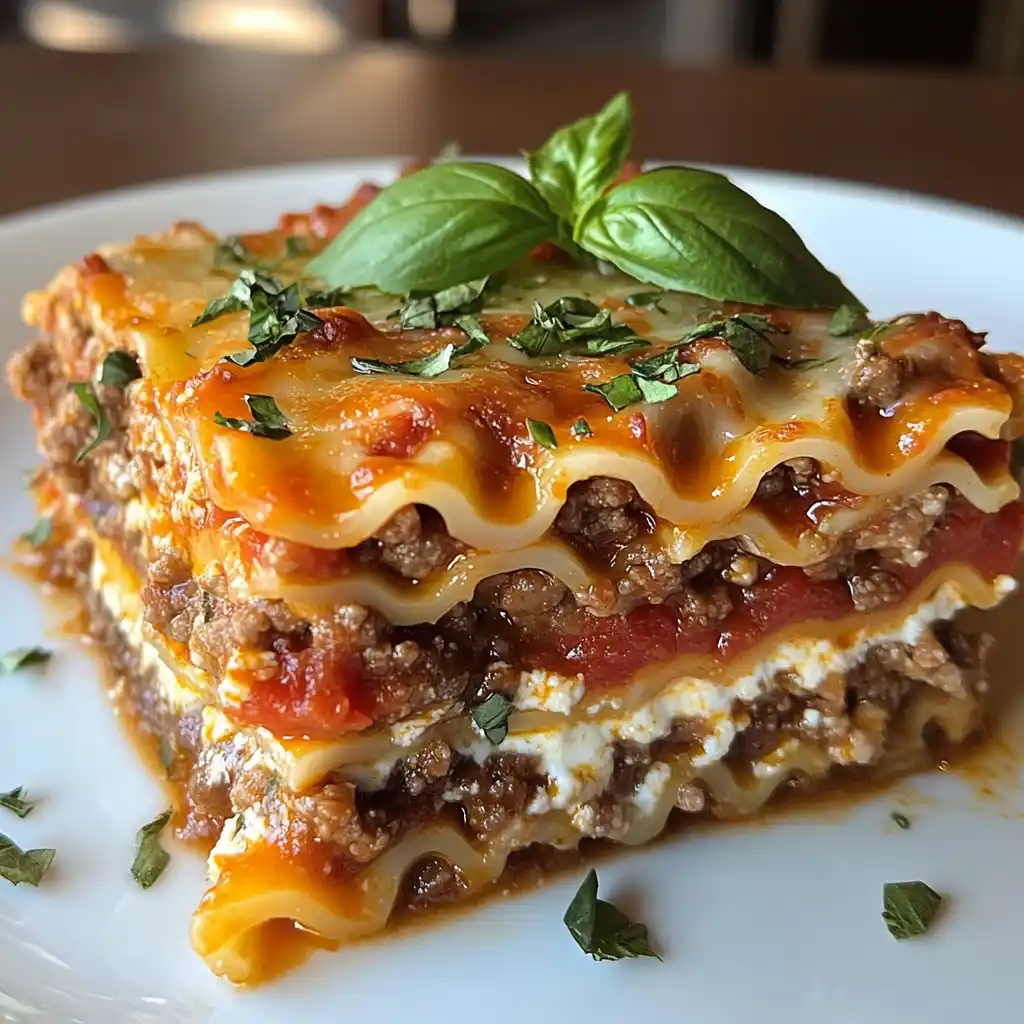 A clean slice of lasagna showing tender layers of noodles, sauce, and cheese