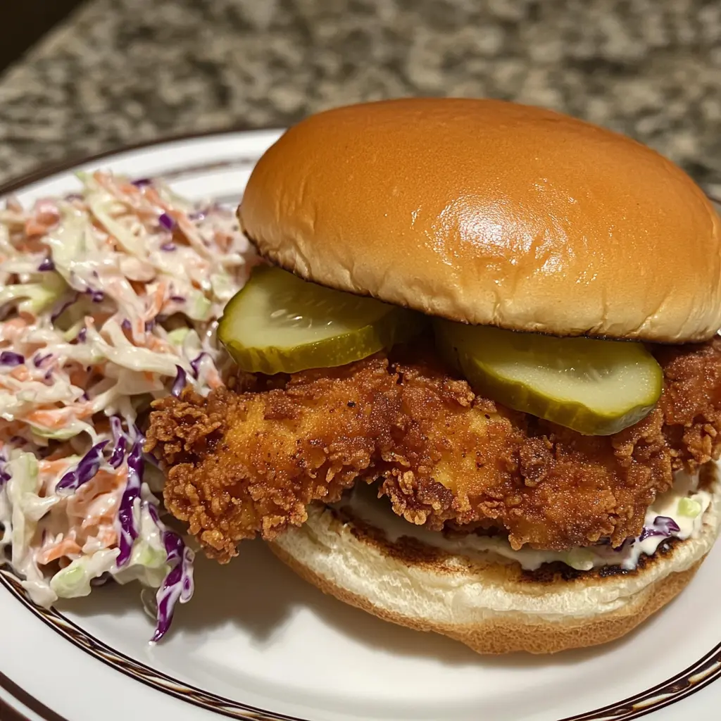 A Southern-style crispy chicken sandwich with spicy slaw and pickles.