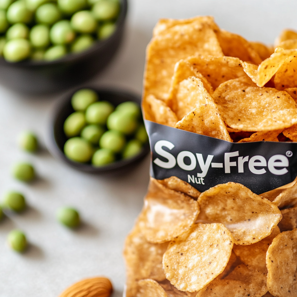 A bag of Quest Protein Chips surrounded by small bowls of common allergens like nuts and soybeans with a "No Soy, No Nuts" label on the chips