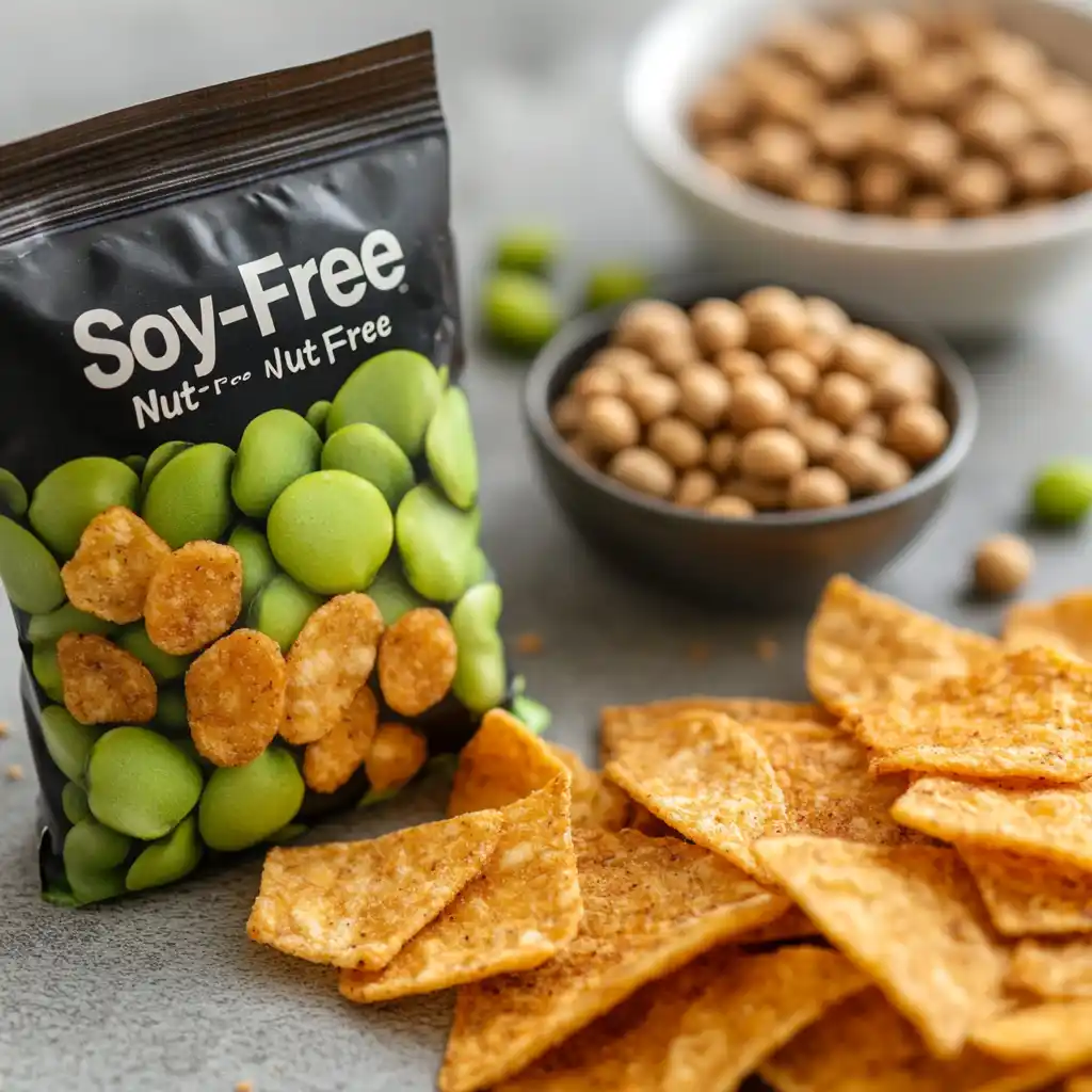 Are Quest Protein Chips Good for You A bag of Quest Protein Chips surrounded by small bowls of common allergens like nuts and soybeans with a "No Soy, No Nuts" label on the chips