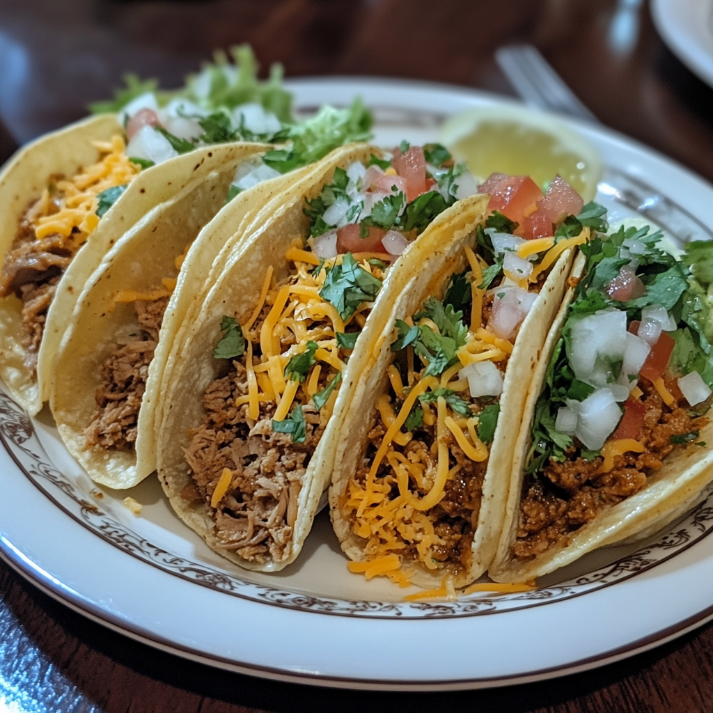 Tacos filled with different meat options, ready to be served