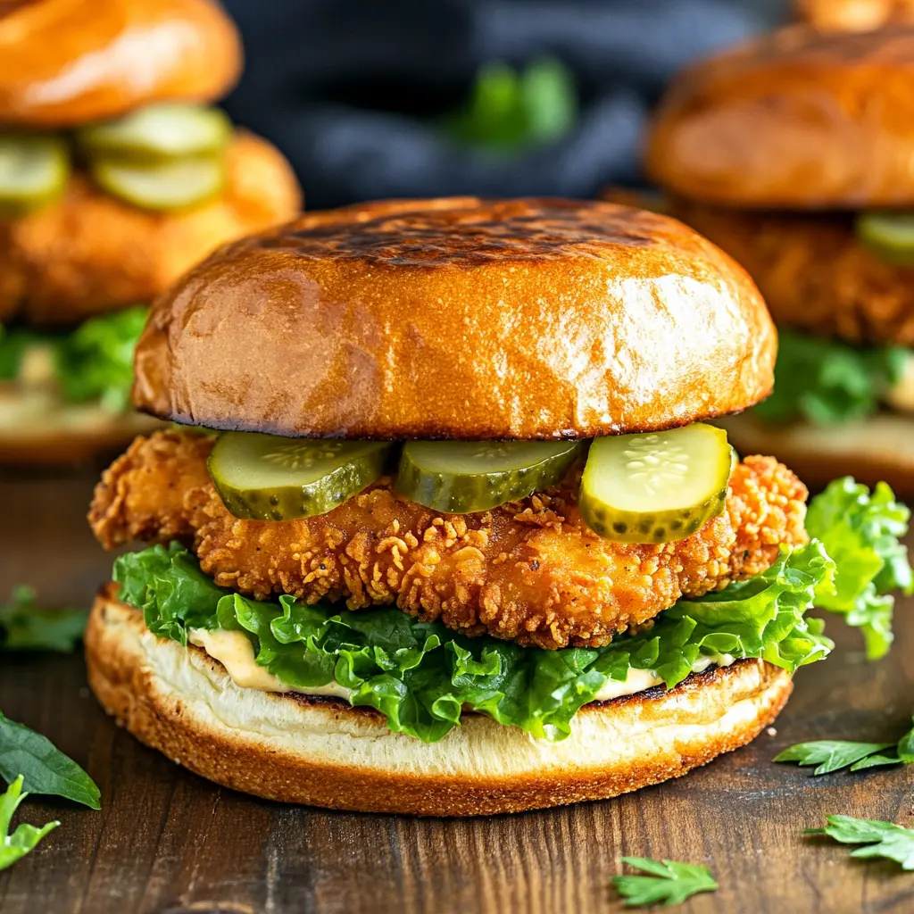 A homemade crispy chicken sandwich with golden-brown chicken and fresh toppings