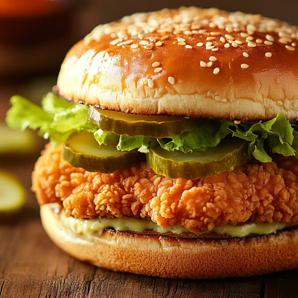 A freshly made crispy chicken sandwich with golden-brown chicken and a toasted bun