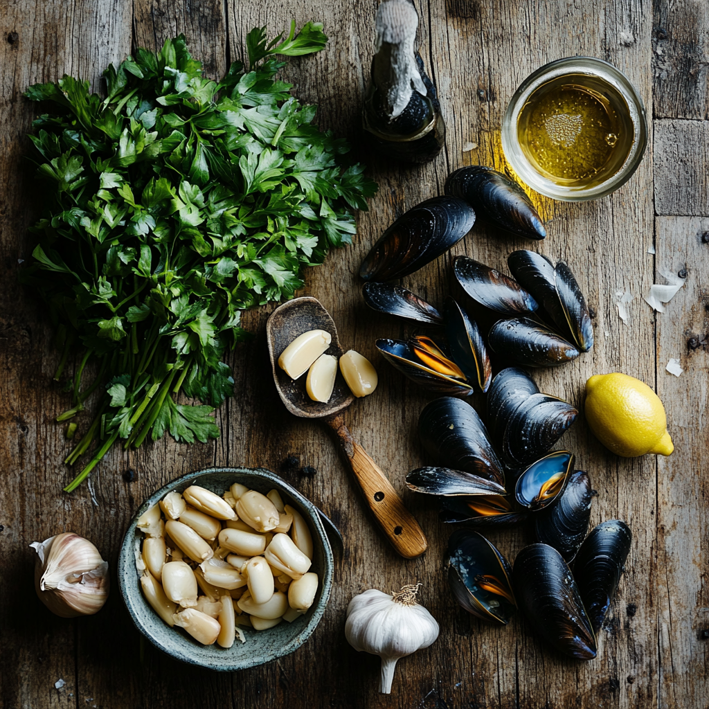 Fresh mussels, garlic, white wine, and herbs on a kitchen counter