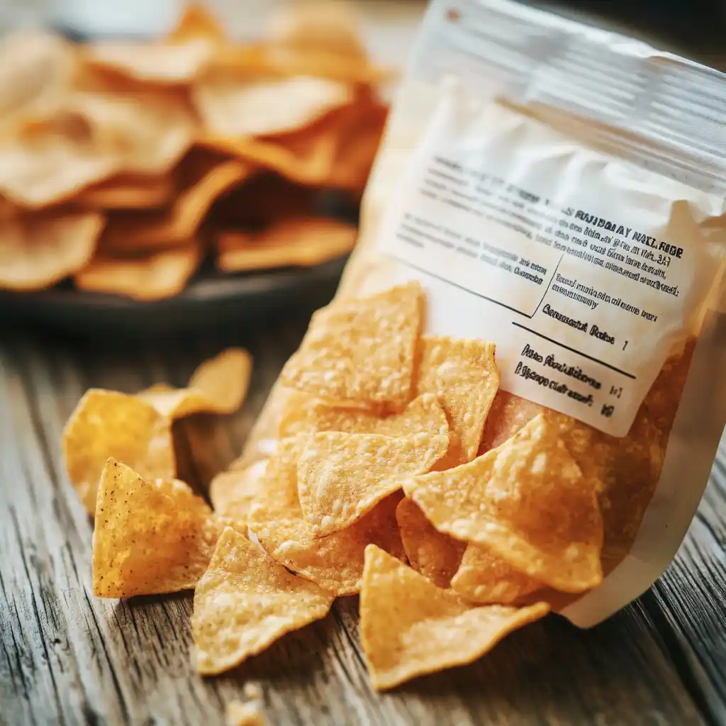 Protein chips displayed next to a nutrition label highlighting carbohydrate and fiber content