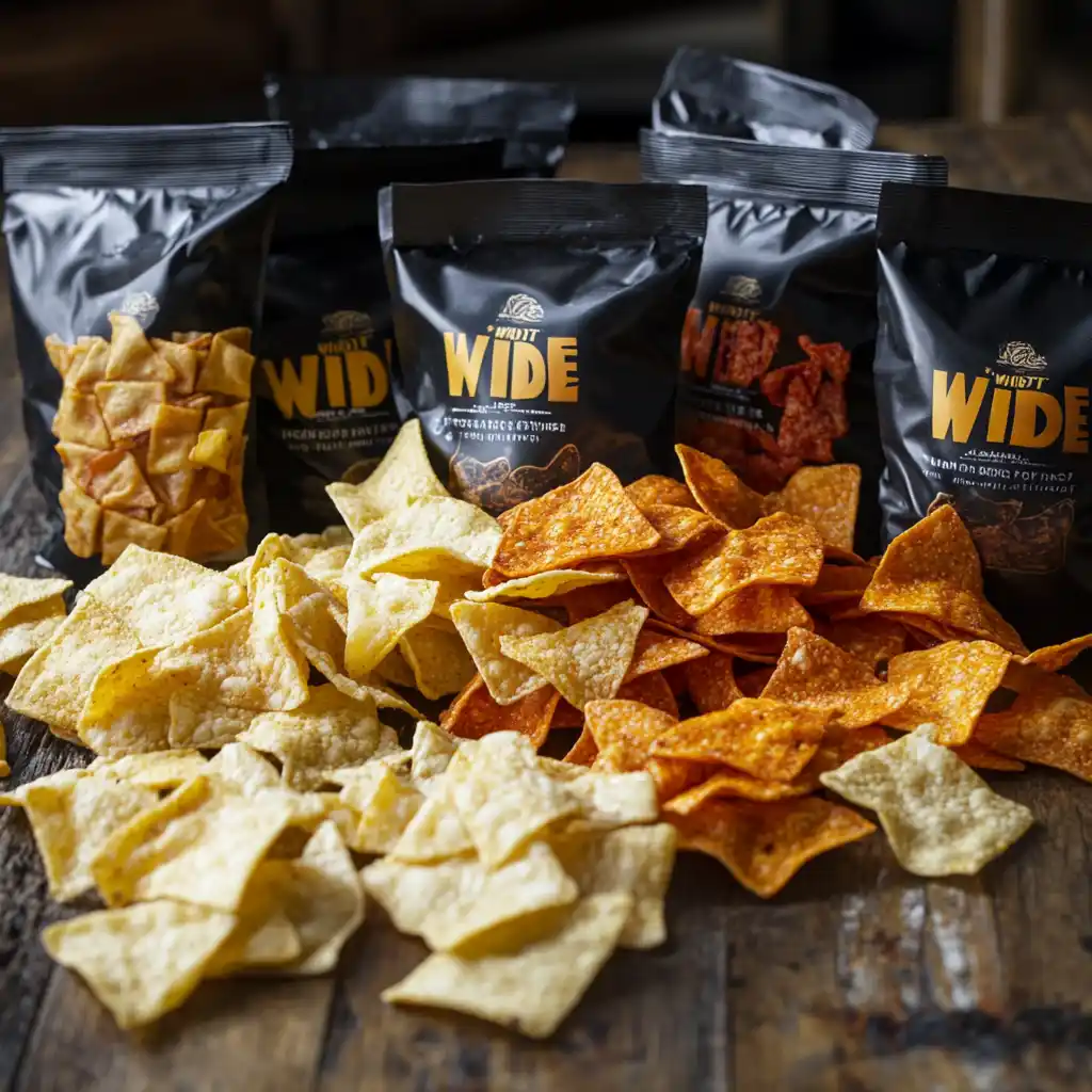 A bag of Wilde Protein Chips with flavors displayed