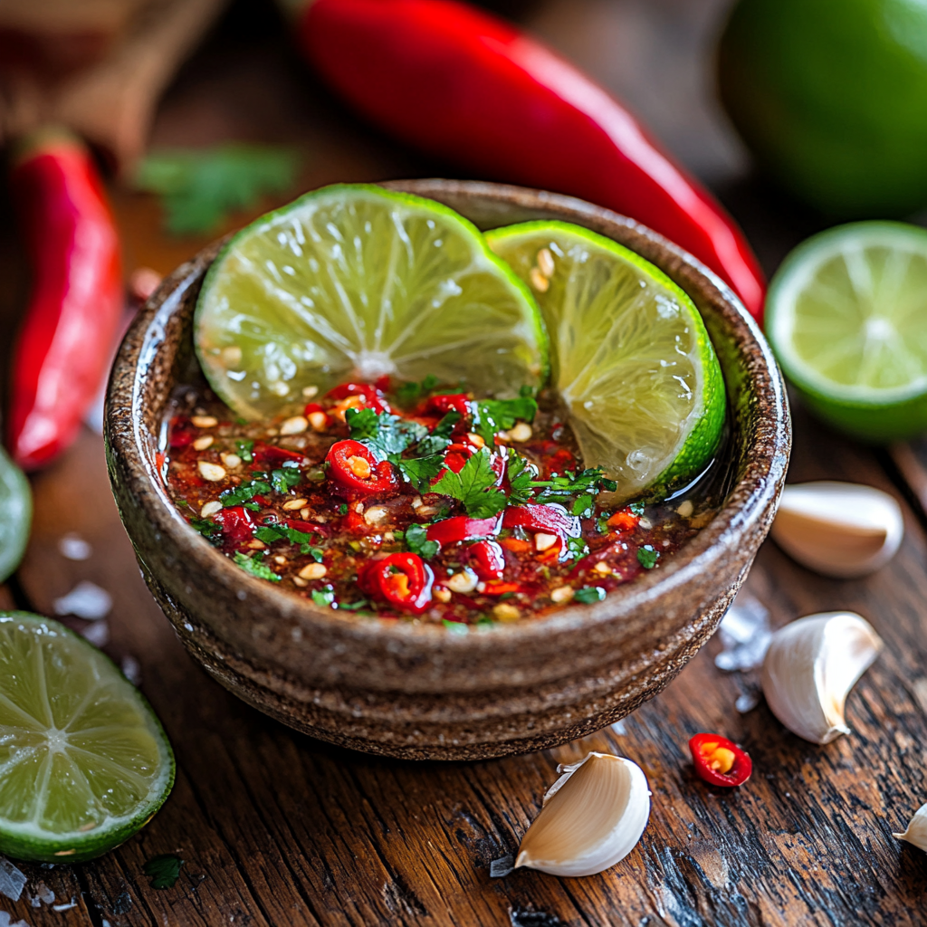 A vibrant bowl of chili lime marinade with fresh lime slices and chili peppers