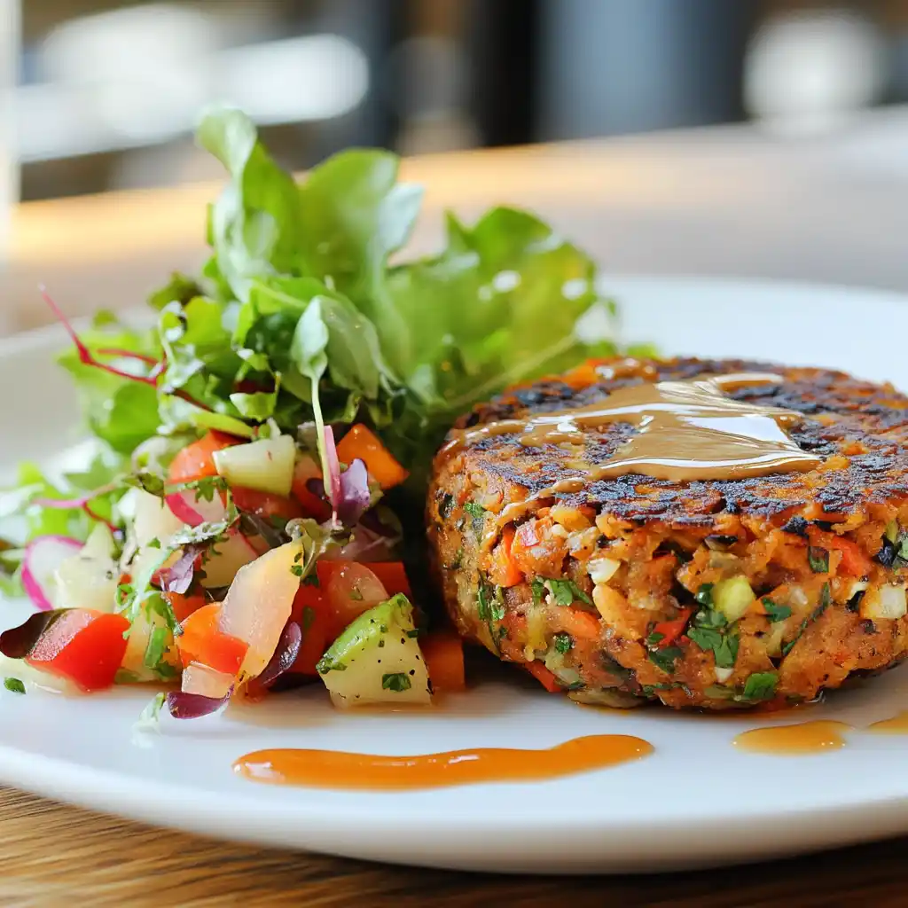 Healthy homemade veggie patty meal with a side salad