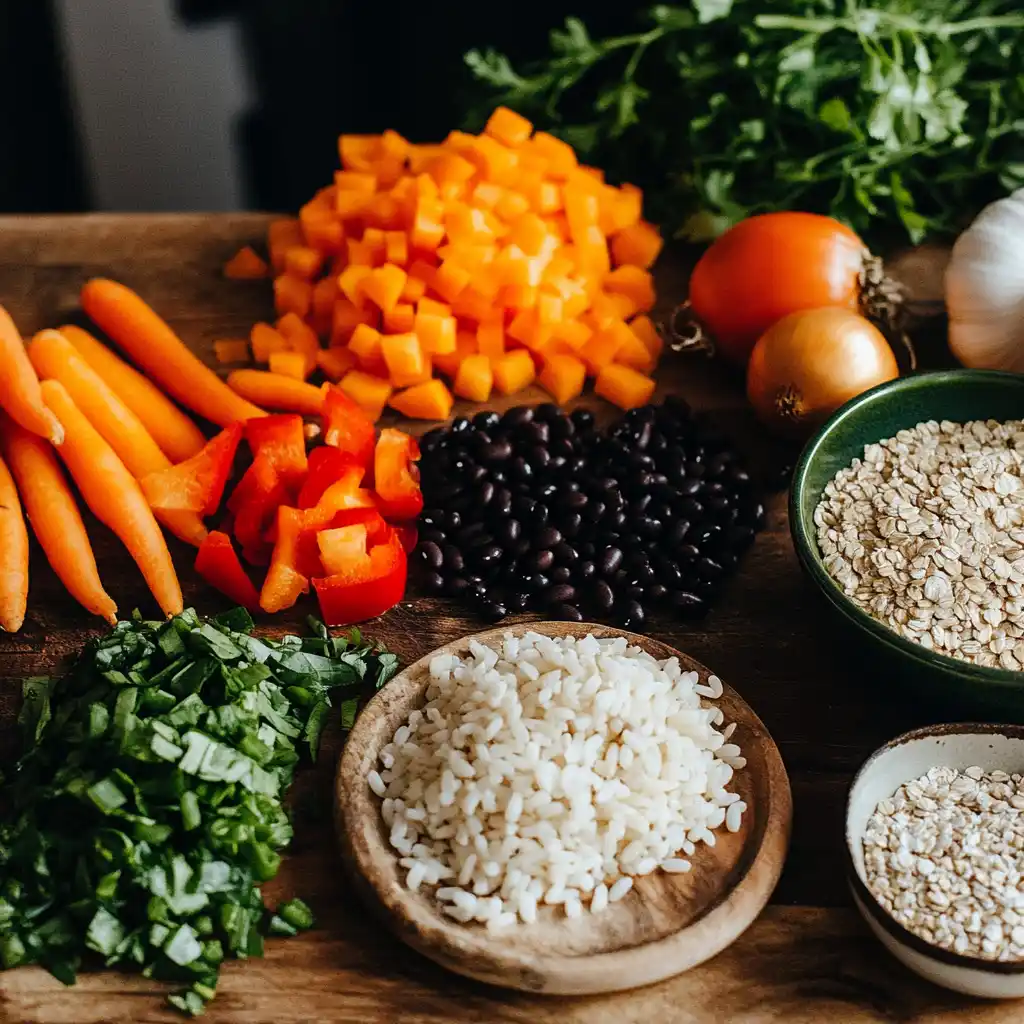 Fresh vegetables and grains used in making a Subway Veggie Patty