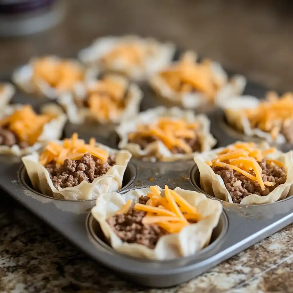 Wonton wrappers pressed into a muffin tin, filled with taco meat and cheese