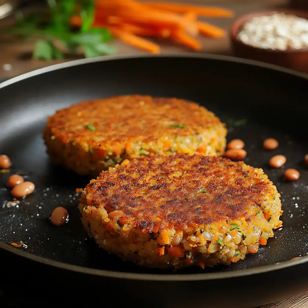 Homemade veggie patties being cooked in a pan