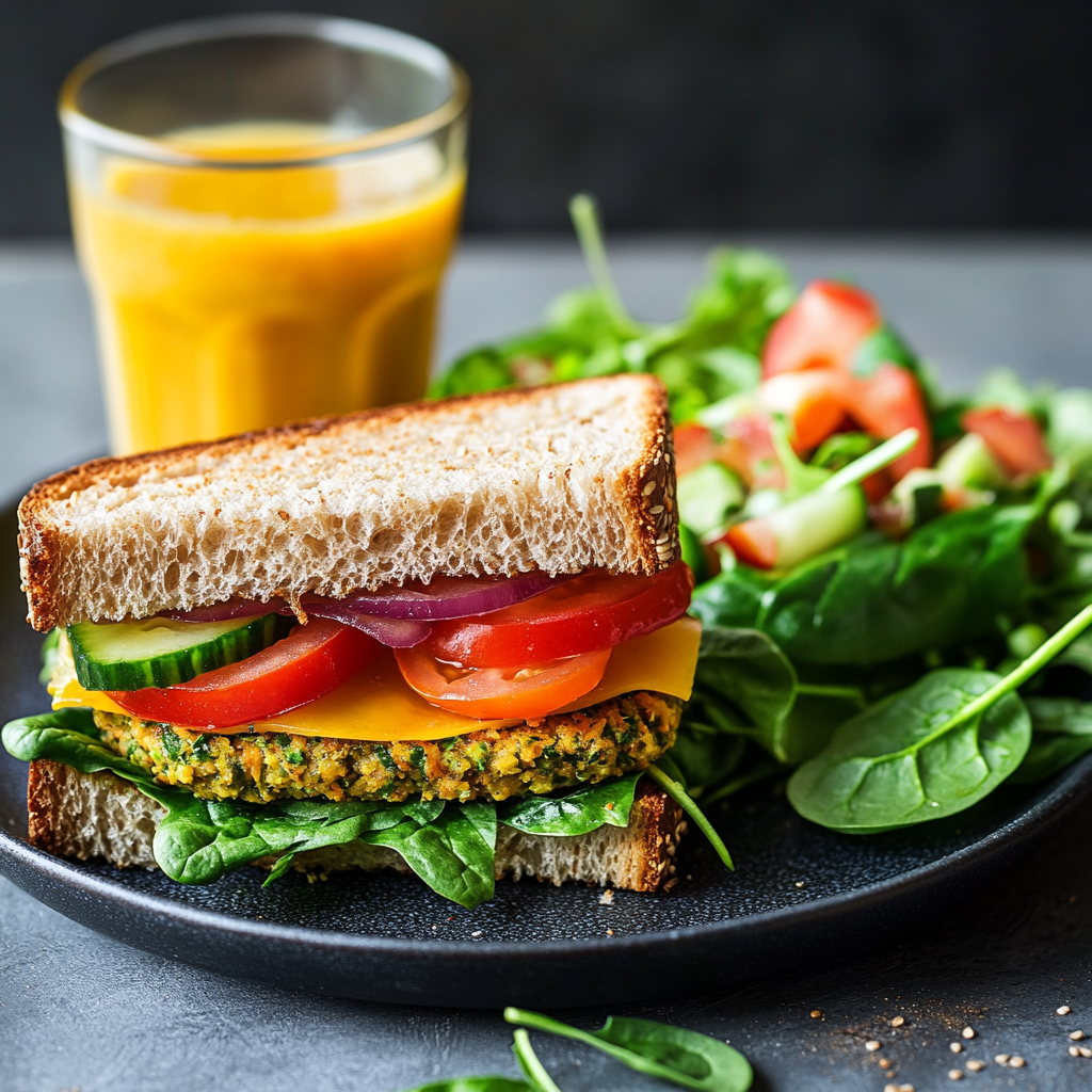 A Subway Veggie Patty sandwich with whole wheat bread and fresh vegetables