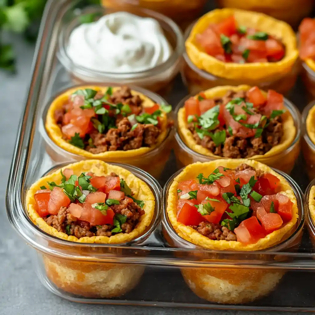 Stored taco cupcakes in a meal prep container