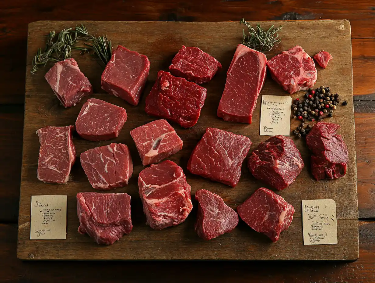 Best Steak Cuts for Juicy Texture Selection of raw steak cuts on a butcher board, Juicy Steak with Creamy Garlic Sauce