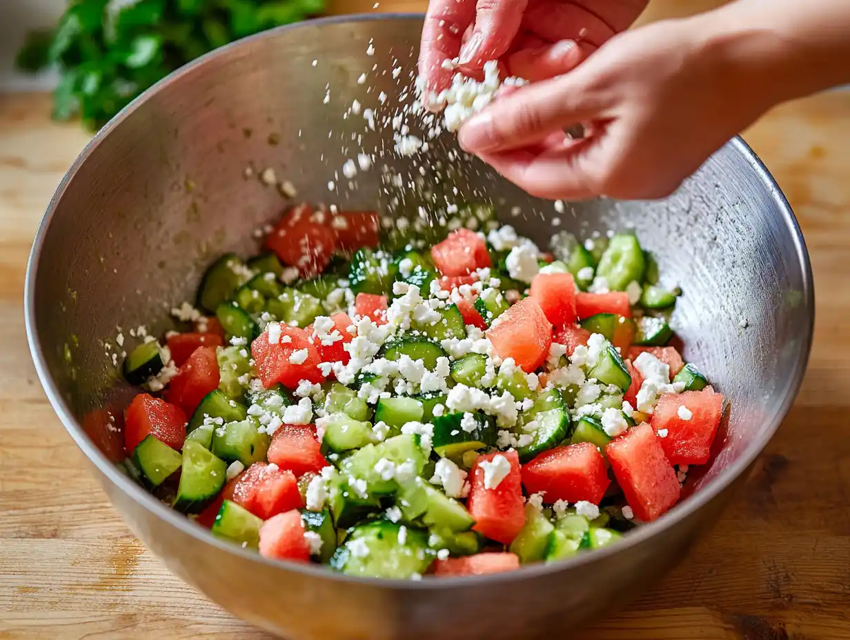 Assembling watermelon and cucumber salad in a bowl