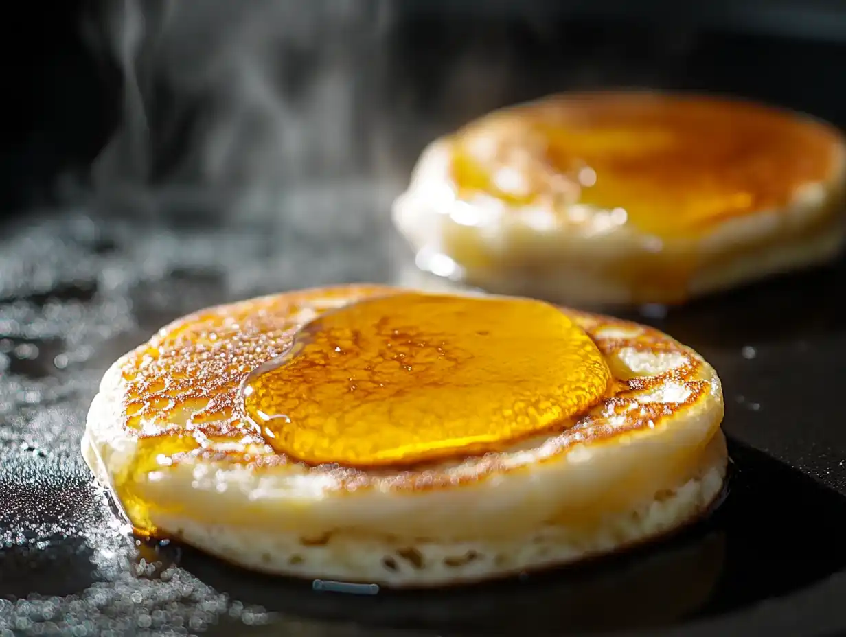 Pancake buns cooking on a griddle with syrup center