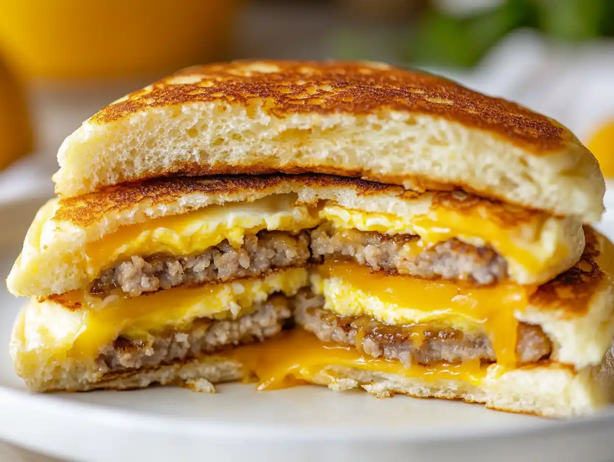 Stacked McGriddle sandwich cut in half showing layers