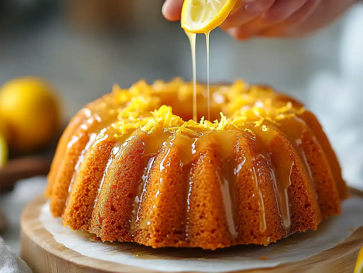 Lemon glaze being drizzled over a Bundt cake