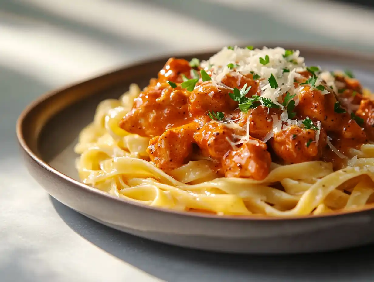 Plated honey pepper chicken with creamy pasta and herbs