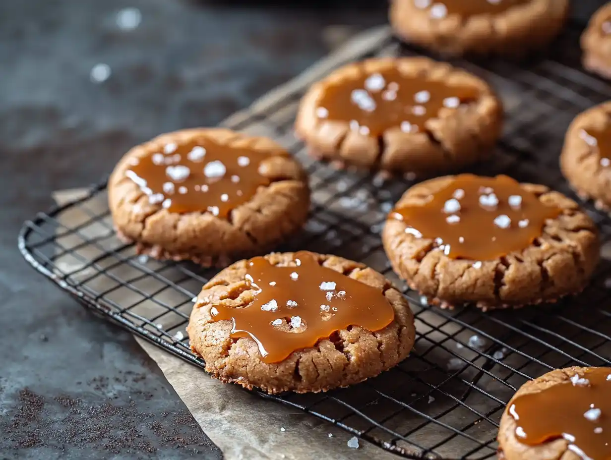 Finished caramel cheesecake cookies with golden edges and drizzled caramel