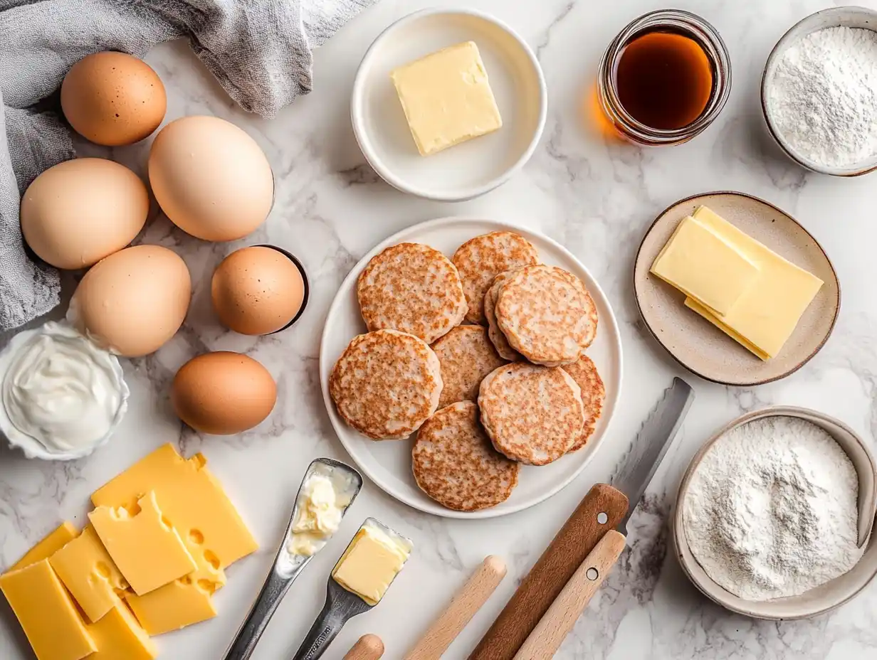 Flat lay of ingredients for a homemade McGriddle