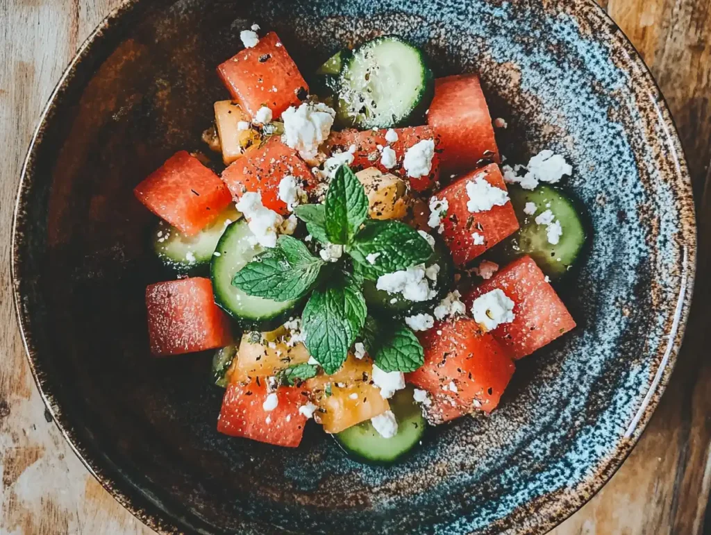 Simple watermelon cucumber feta salad served in a bowl