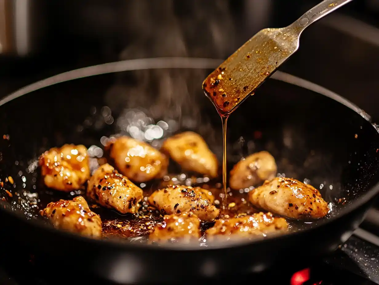 Honey Pepper Chicken with Creamy Garlic Butter Pasta – Easy & Bold, Chicken being glazed in honey pepper sauce in a skillet