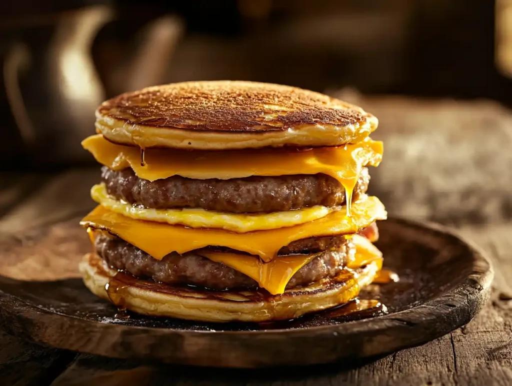 Homemade McGriddle sandwich on a plate with syrup drizzle
