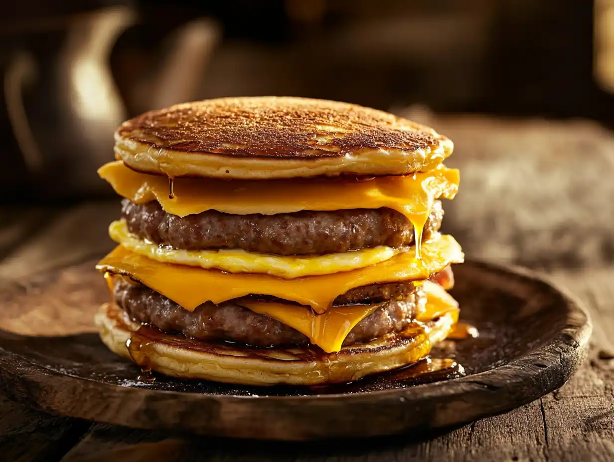 Homemade McGriddle sandwich on a plate with syrup drizzle