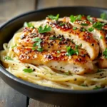 Honey pepper chicken served on top of creamy garlic butter pasta