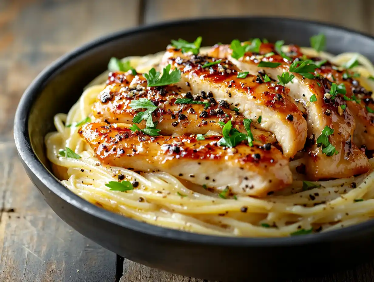 Honey pepper chicken served on top of creamy garlic butter pasta