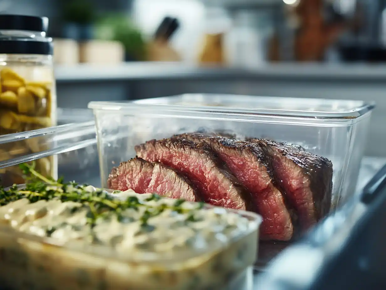 Leftover steak stored in a glass container
