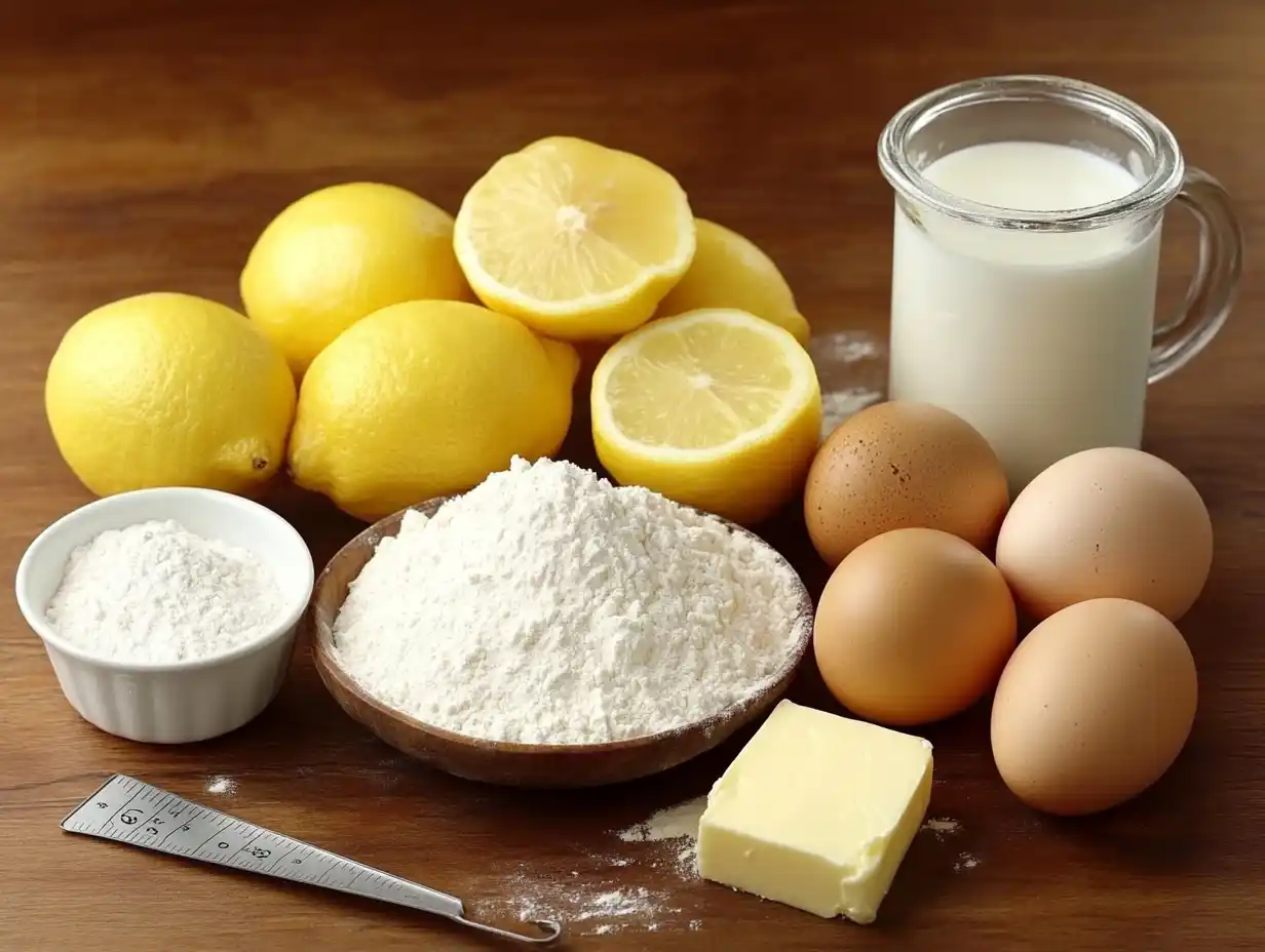 Fresh Lemon Bundt Cake, Flat lay of lemon Bundt cake ingredients on a rustic counter