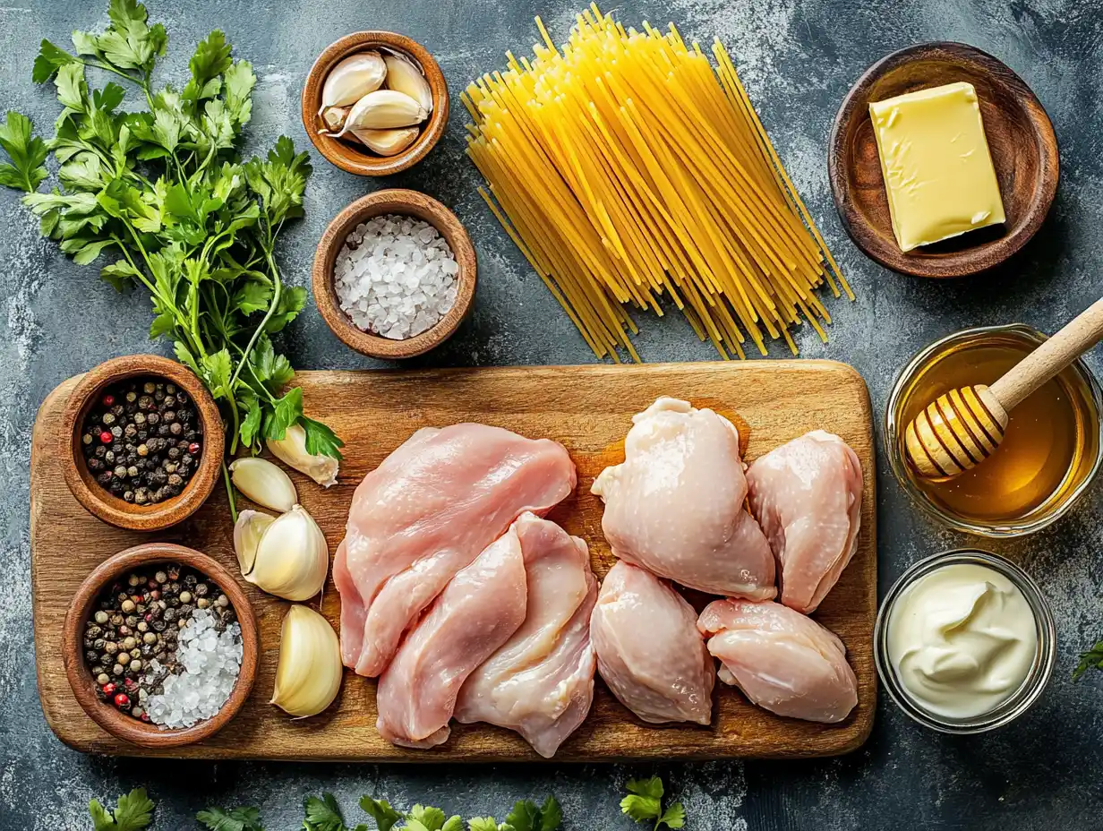 Ingredients laid out for honey pepper chicken and pasta