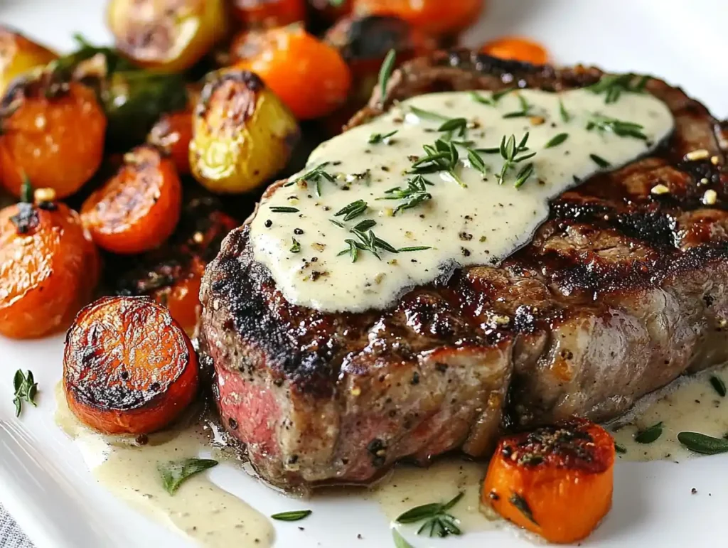Juicy steak served with creamy garlic sauce on a white plate