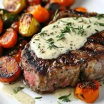 Juicy steak served with creamy garlic sauce on a white plate