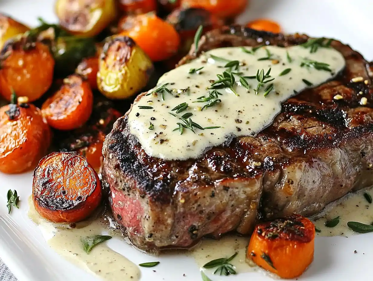Juicy steak served with creamy garlic sauce on a white plate