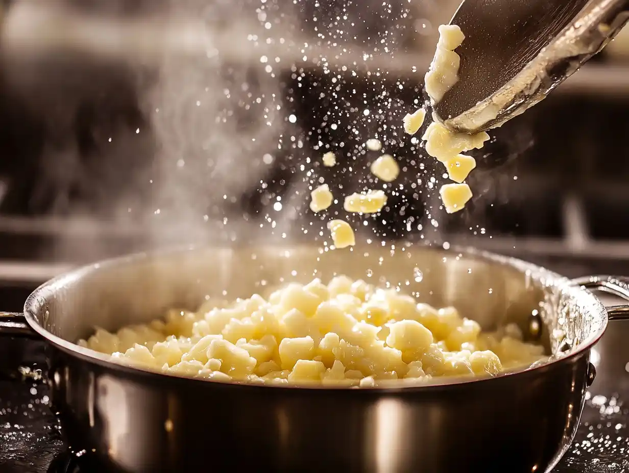Garlic cloves and cream being stirred in a saucepan