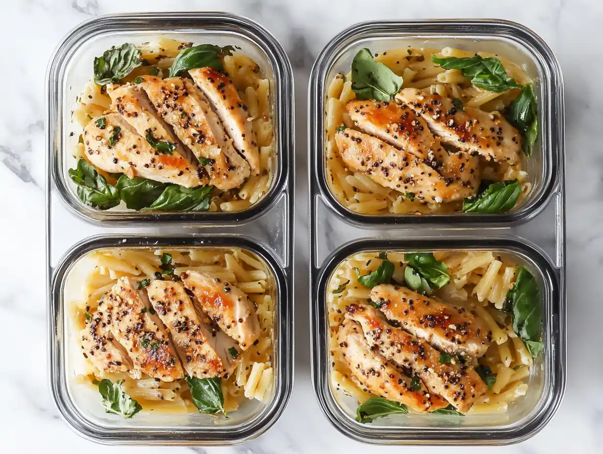 Meal prep containers filled with chicken and pasta