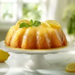 Freshly glazed lemon Bundt cake on a marble table