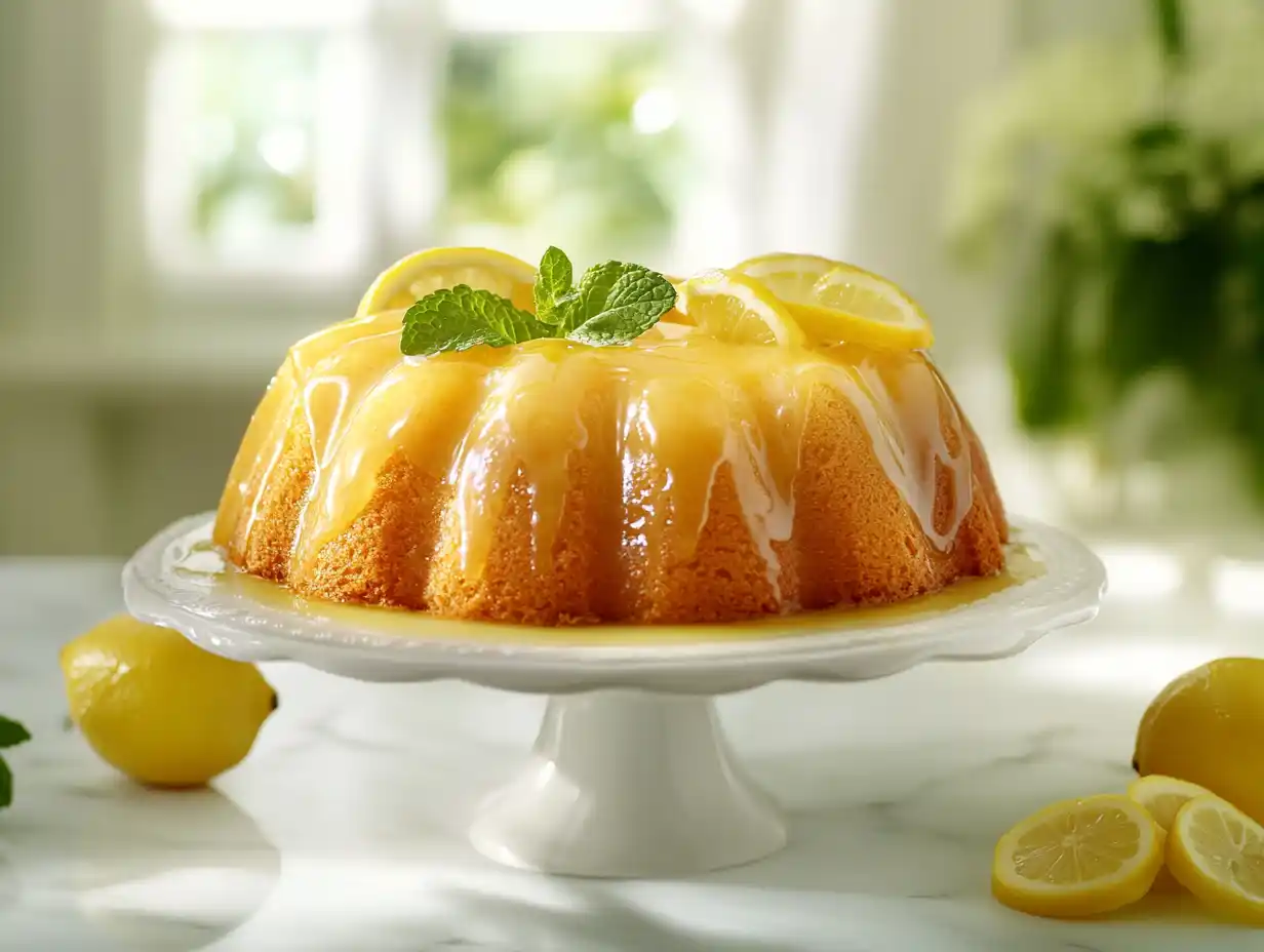 Freshly glazed lemon Bundt cake on a marble table
