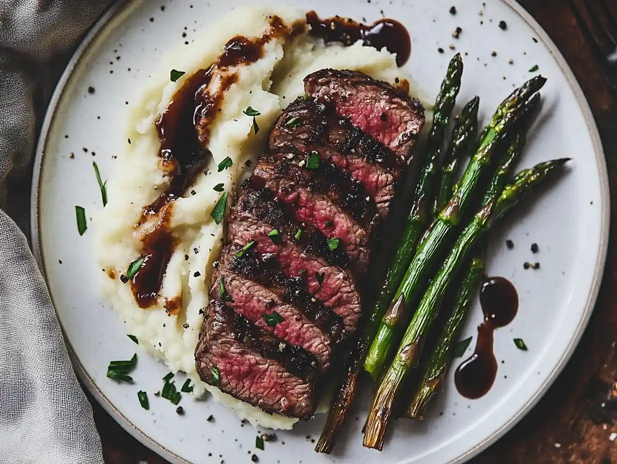 Steak sliced and plated with asparagus and mashed potatoes