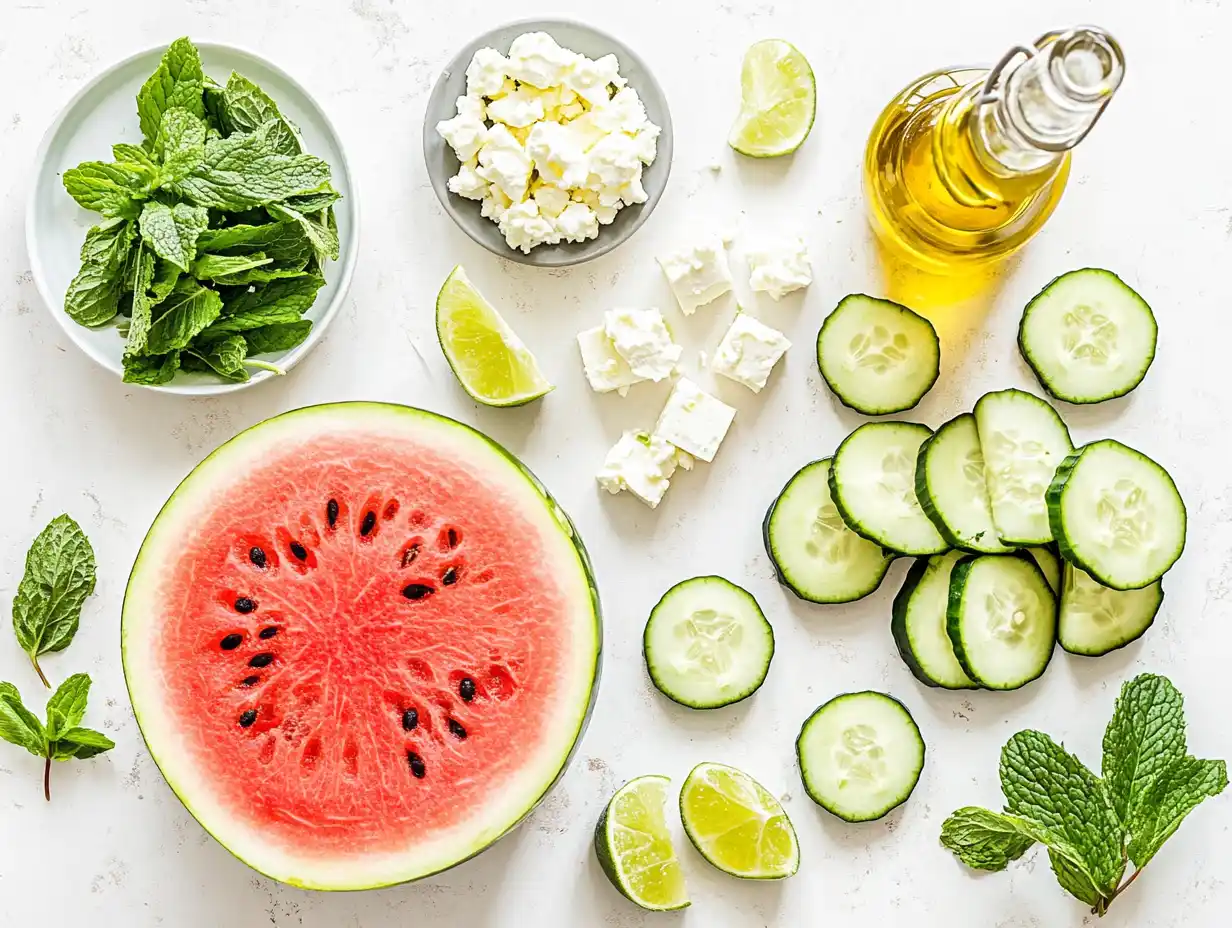 Fresh ingredients laid out for watermelon feta salad