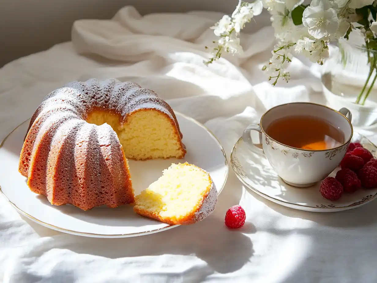 A slice of lemon Bundt cake served with tea and berries
