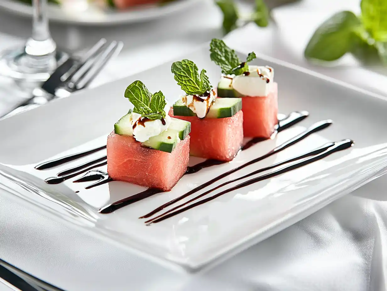 Watermelon cucumber feta salad plated with balsamic drizzle
