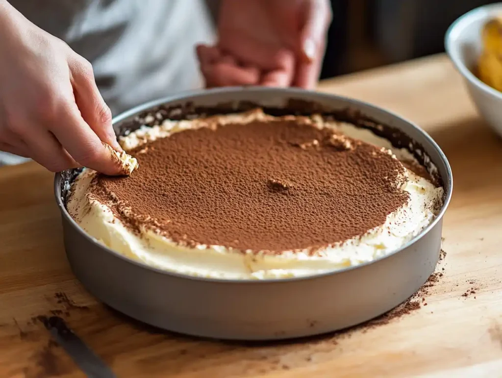 Hands assembling layers of tiramisu cake in a springform pan