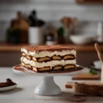 Beautifully layered homemade tiramisu cake topped with cocoa powder