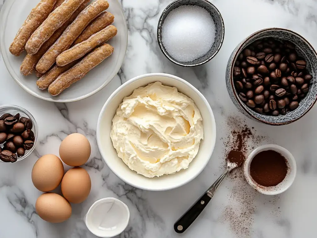 Mascarpone cheese, espresso, ladyfingers, and eggs displayed on a counter